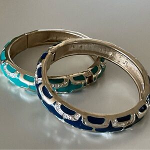 Gold Tone Enamel Hinged Bangle Bracelets Set Green & Navy Rhinestone Stack